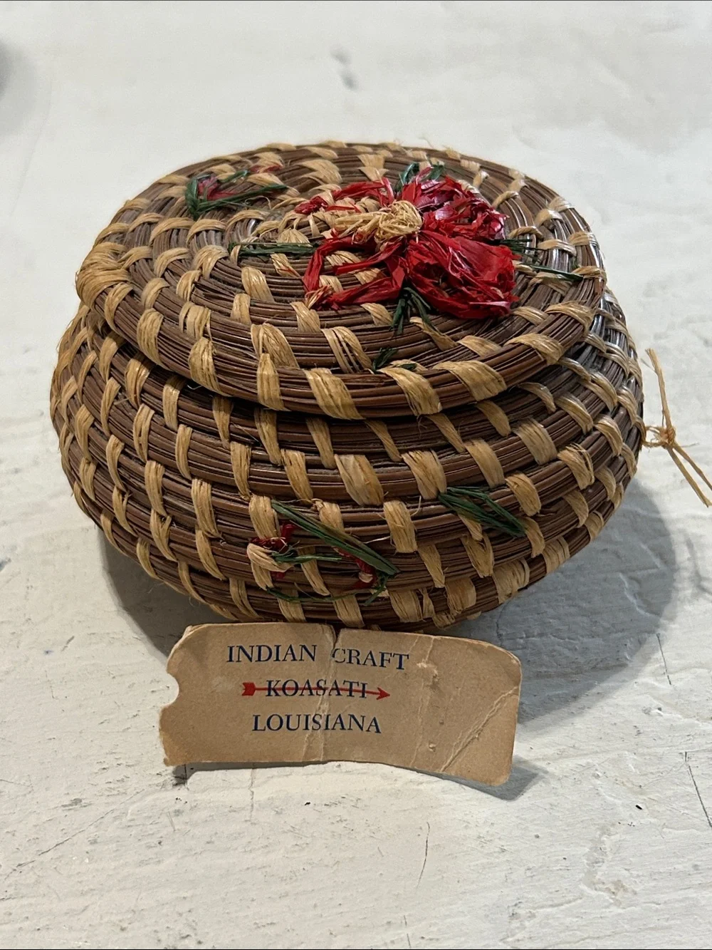 Vintage Coushatta Handwoven Decorative Round Basket with Red Floral Accent -